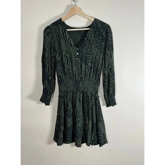 RAILS Zana Animal-Print Smocked-Waist Mini Dress Olive Green Small - Picture 3 of 10